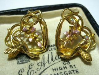 Vintage Jewellery Signed Kirks Folly Earrings Large Enamel & Crystal Ab Hearts