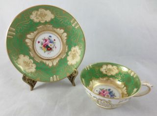 Vtg Crown Staffordshire England Green & Gold With Florals Cup & Saucer A13460