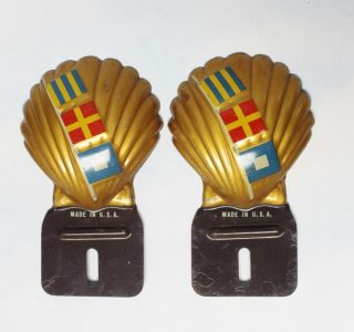 Vintage Shell Oil Gold License Plate Toppers Share The Road