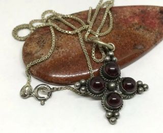 Vintage Sterling Silver Cross Garnet Cabochons Cross Pendant 16” Italy Necklace