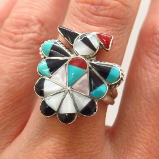 Old Pawn Vintage Zuni Sterling Silver Turquoise Coral Onyx Mop Bird Tribal Ring