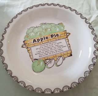 Vintage Apple Pie Recipe Glass Dish Pie Plate 10 " Vguc Green Brown Off White