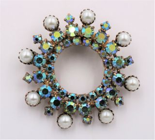 Vintage Blue Zircon Green Ab Rhinestone Crystal Faux Pearl Starburst Brooch Pin