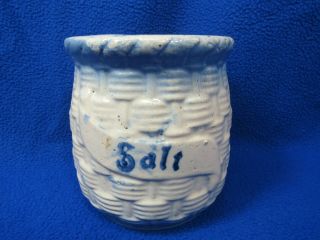 Vintage Primitive Basketweave Blue And White Stoneware Salt Crock Jar