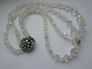 Vintage Transparent Facet Cut Glass Bead Necklace Rhinestone Cluster Clasp