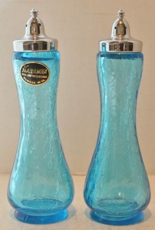 Vintage Kanawha Tall Blue Crackle Glass Salt & Pepper Shakers Set - 6 1/4 " T - Euc