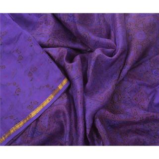 Sanskriti Vintage Blue Saree Pure Silk Printed Sari Craft Zari Border Fabric