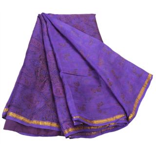 Sanskriti Vintage Blue Saree Pure Silk Printed Sari Craft Zari Border Fabric 3