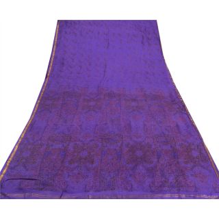 Sanskriti Vintage Blue Saree Pure Silk Printed Sari Craft Zari Border Fabric 4