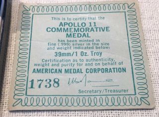 Vintage 1969 Apollo 11 Moon Landing.  999 Fine Silver Commemorative Medal 1 Ounce 2