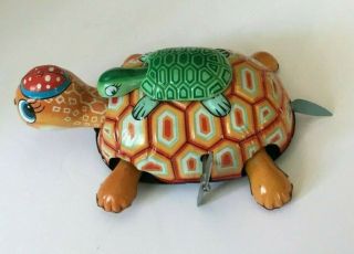 Vintage Kusama Tin Litho Tommy Turn Turtles Wind - Up Toy Japan