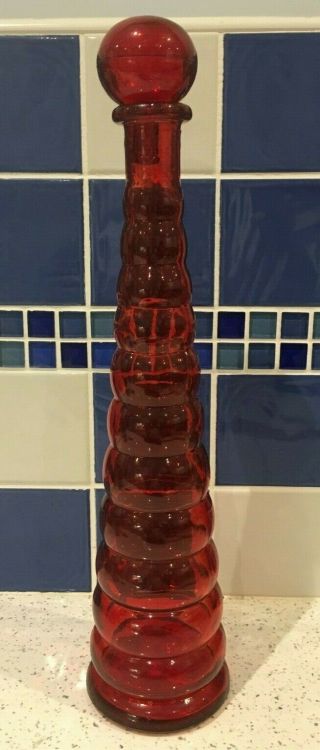 Vintage Hooped Red Coloured Glass Decanter Genie Bottle,