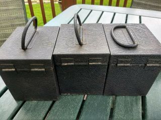 4 Vintage Sherman Klovec Metal 8mm movie Film Reel Tin Canister Storage Case 3