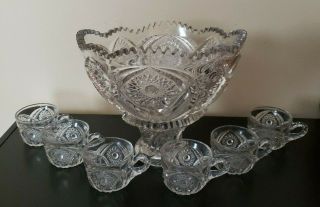 Vintage Punch Bowl With Stand & 6 Cups,  Pressed Glass Sunflower Sunburst Design