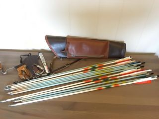 Vtg Wood Arrows,  Leather Quiver & Accessories Long Bow Archery Equipment