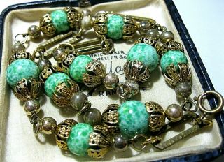 Vintage Jewellery Art Deco Czech Peking Jade Glass Bead 18.  5 " Necklace