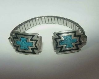 Vintage Navajo Sterling Silver Turquoise & Jet Inlay Watch Band Tips
