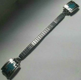 VINTAGE NAVAJO STERLING SILVER TURQUOISE & JET INLAY WATCH BAND TIPS 2