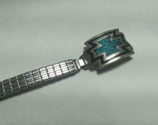 VINTAGE NAVAJO STERLING SILVER TURQUOISE & JET INLAY WATCH BAND TIPS 4