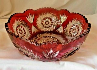 Vintage Bohemian Ruby Red Cut To Clear Crystal Bowl.  Hand Cut.