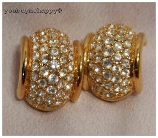 Vintage Swarovski Swan Logo 14k Gold Plated Pavé Crystal Huggie Clip Earrings