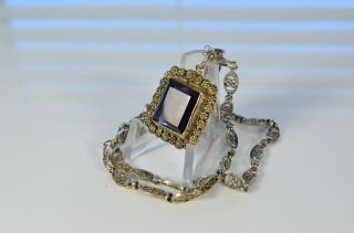 Vintage 935 Silver Square Amethyst Pendant And 20 Inch Filigree Chain 21.  4g