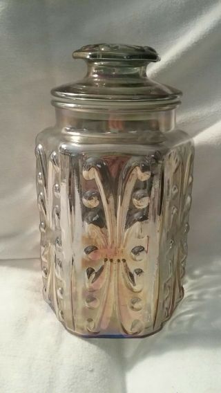 Vintage Iridescent Carnival Glass Biscuit Embossed Jar Canister,  Lid