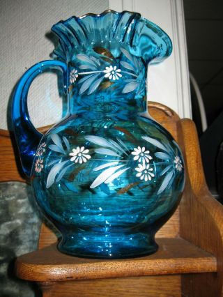 Vtg Large Fenton Cornflower Blue Art Glass Melon Pitcher Carafe Ruffled Painted