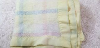 Vtg Beacon Cotton Baby Blanket Woven Pastel Plaid Stripe Yellow Satin Binding