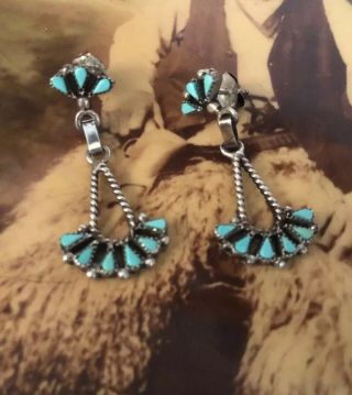 Vintage Zuni Petit Point Turquoise Sterling Silver Dangle Pierced Earrings