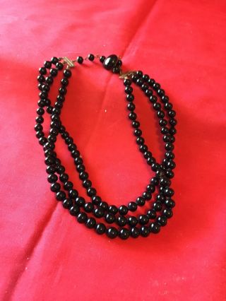 Fashion Vintage 3 Strand Small Black Bead Choker Necklace 1960 