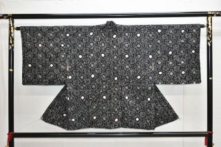 Vintage Silk Kimono Jacket:fully Shibori Black Chrysanthemum@yl85