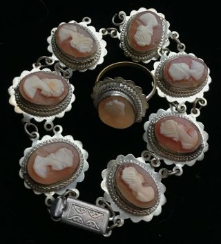 Vtg Set Of Shell Cameo Silver Tone Bracelet And Ring Sz: 8 Repair M625