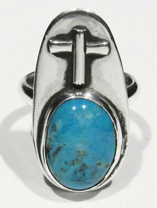 Large Vintage Signed Chee Navajo 925 Silver Natural Turquoise Cross Mans Ring 8