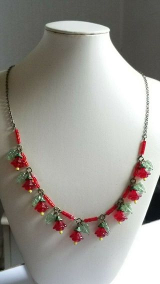Czech Ruby Red Flower Glass Bead Necklace Vintage Deco Style