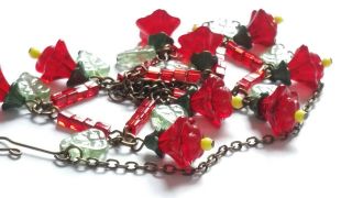 Czech Ruby Red Flower Glass Bead Necklace Vintage Deco Style 2