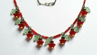Czech Ruby Red Flower Glass Bead Necklace Vintage Deco Style 3