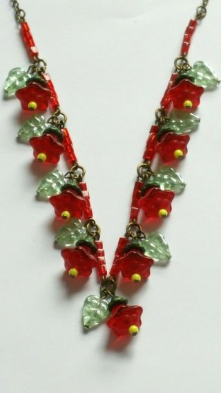 Czech Ruby Red Flower Glass Bead Necklace Vintage Deco Style 4