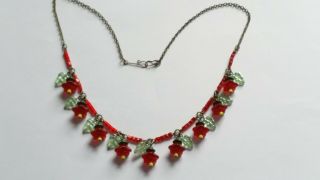 Czech Ruby Red Flower Glass Bead Necklace Vintage Deco Style 5