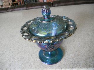 Vintage Indiana Carnival Glass Blue Iridescent Wedding Covered Candy Dish