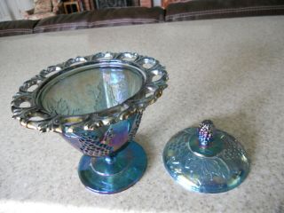 Vintage Indiana Carnival Glass Blue Iridescent Wedding covered Candy Dish 2