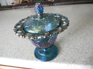 Vintage Indiana Carnival Glass Blue Iridescent Wedding covered Candy Dish 5