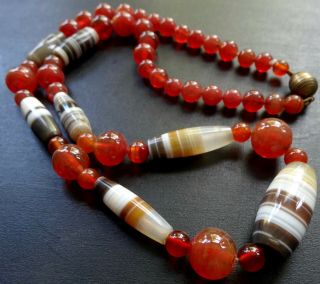 vintage art deco carnelian red & banded AGATE bead necklace barrel clasp - Q66 4