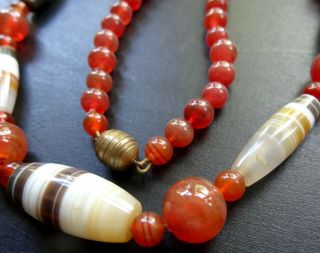 vintage art deco carnelian red & banded AGATE bead necklace barrel clasp - Q66 5