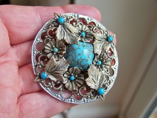 Vintage Czech Filigree Art Deco Jewellery Turquoise Statement Brooch Shawl Pin