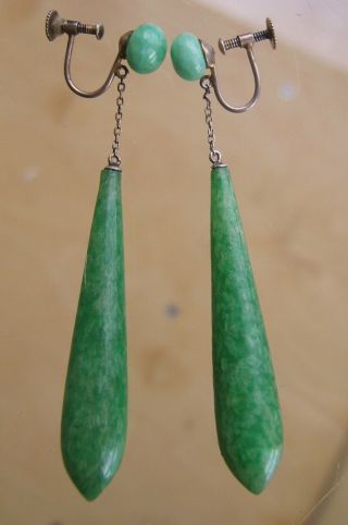 Gorgeous Vintage Art Deco Faux Jade Galalith & Glass Earrings