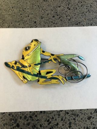 Vintage Sterling Silver Enamel Cloisonné Whimsical Fishing Frog Pin Brooch S925