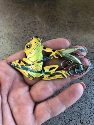 Vintage Sterling Silver Enamel Cloisonné Whimsical Fishing Frog Pin Brooch S925 3