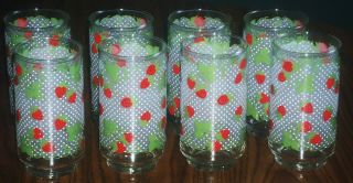 Set Of 8 Vintage Libbey Red Strawberry Tiny White Dots Drinking Glasses Tumblers