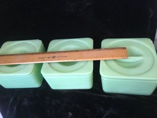 3 Vintage Anchor Hocking Fire King Jadeite Refrigerator Covereddish Containers